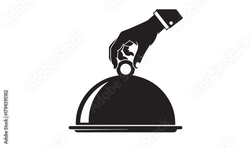 Hand serving food under cloche silhouette