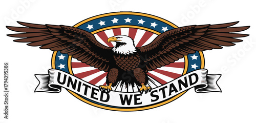 Patriotic American bald eagle with wings spread over a banner that reads 'United We Stand' against a flag-themed background.