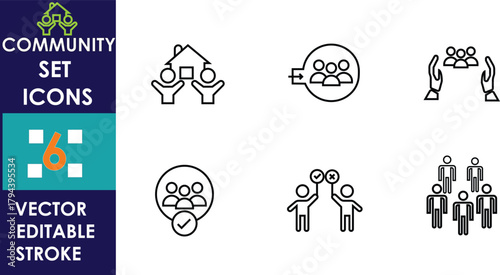 Minimal community-themed vector icons showing people, teamwork, support, cooperation, and group connection, presented in a clean editable-stroke style for modern design and illustration projects