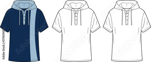 Short sleeve hooded shirts, fashion flat sketch, technical apparel drawing, button placket hoodie, garment design template, clothing illustration, menswear concept,
