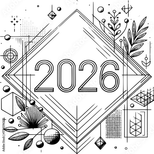 2026: Geometric Abstract Illustration: A visually striking digital illustration showcasing the year 2026 within an elegant geometric frame, adorned with botanical elements, hinting at the future.