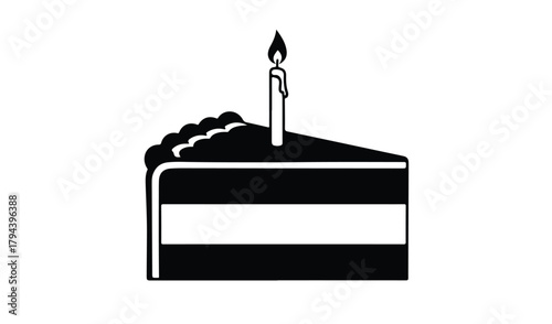 Simple black and white slice of cake with a single lit candle