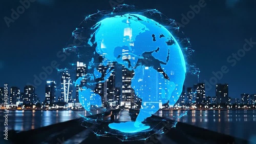 Digital world globe overlaying cityscape reflecting on water at night