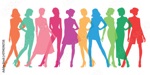 Female standing figure silhouettes in colorful fashion poses