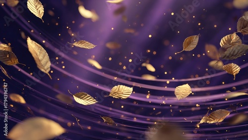 Golden leaves swirl on a deep purple backdrop, illuminated by soft light, creating a magical, autumnal scene with glittering particles