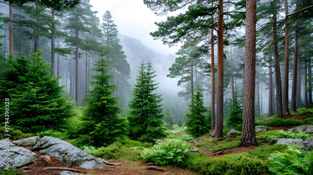 Fototapeta premium Misty forest with pine trees and green undergrowth