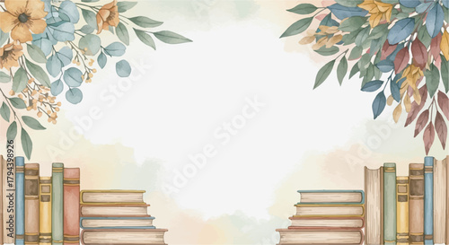 Watercolor Floral Border Frame Background with Stacked Books for Education and Stationery Design