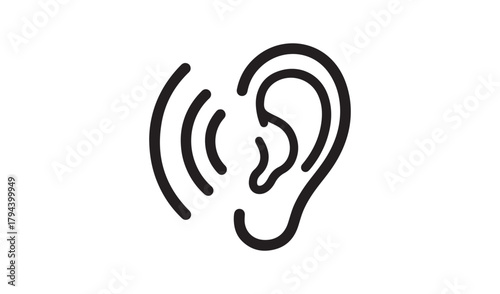 Simple line art icon of a human ear with sound waves