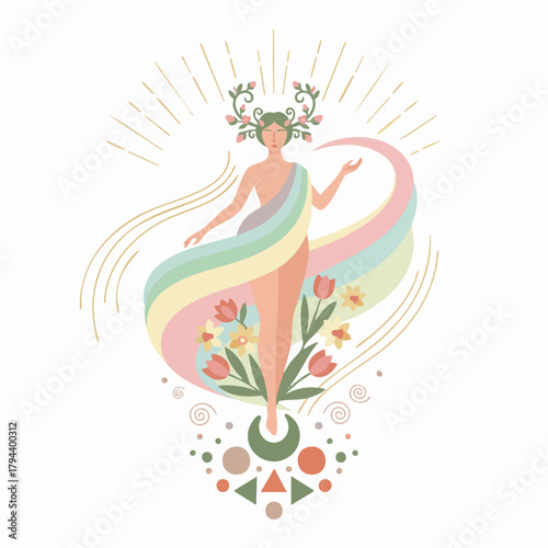 Spring Awakening Goddess
Flat-vector illustration of a serene feminine figure surrounded by blooming spring flowers, soft pastel aura, gentle rays of light, symbolic rebirth and awakening energy