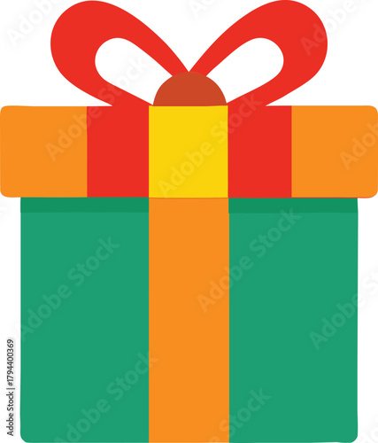 Festive green gift box with orange and yellow ribbon