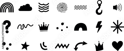 Collection of black hand drawn doodle icons and symbols, including a rainbow, cloud, waves, fingerprint, hook, sound icon, question mark, squiggle, crown, dots, arch, lightning bolt, asterisk, star