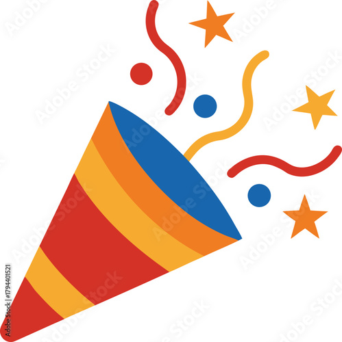 Colorful party popper exploding with confetti and stars