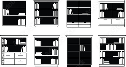 Bookshelf icons, book arrangement symbols, furniture vector set, cabinet illustration, black and white storage design, interior decor graphics