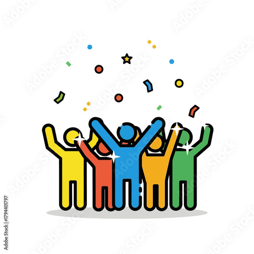 A joyful cartoon character jumps for joy, surrounded by confetti in this celebration icon. This vector illustration symbolizes success, happiness, and achievement