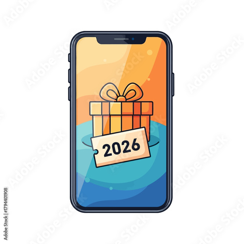 A colorful cartoon smartphone displaying a gift box with the year 2026, representing a digital present for the new year or a special occasion