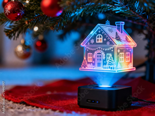 Holographic Christmas house under Christmas tree. Text space.
