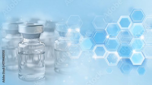 ワクチンと医薬品開発のイメージ：バイアル瓶と抽象背景