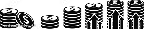 Coin stack icons, financial growth symbols, profit increase vector, dollar sign illustration, investment return chart, black and white design