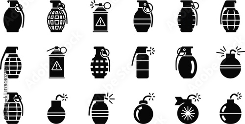 Grenade icons, bomb symbols, explosive device set, black and white vector, military danger signs, cartoon bombs, hazard illustrations