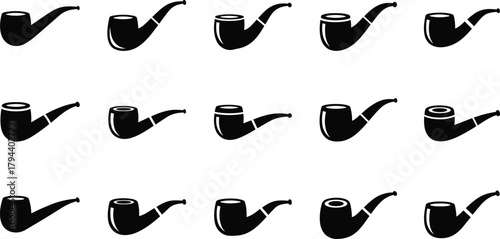 Smoking pipe icons, tobacco pipe set, vintage silhouette vector, black and white illustration, classic pipe shapes, retro smoking symbols