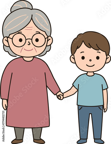Grandmother and grandson illustration, family bond cartoon, intergenerational love, happy child with elder, warm relationship drawing, affectionate family moment