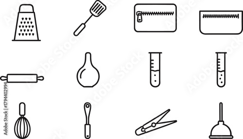 Household tools line art set, kitchen utensils vector icons, zipper and test tube illustrations, grater whisk rolling pin plunger, flavector