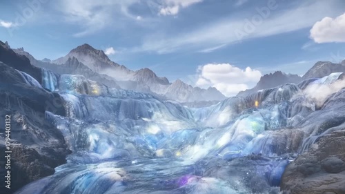 Wallpaper Mural Frozen waterfall made of crystalline shimmering time with moving constellations in a mountain valley, concept of surreal cosmic winter magic Torontodigital.ca