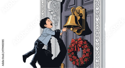 Child lifted by a parents silhouette to ring a large golden bell on a festive door.