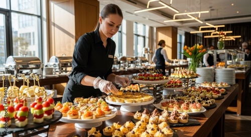 Woman catering staff arranging buffet food at business conference. Culinary service for banquet and corporate event.