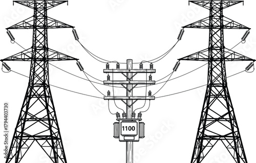 High voltage transmission towers, electrical power lines, utility pole transformer, energy distribution system, electricity infrastructure, grid network, industrial engineering, power supply