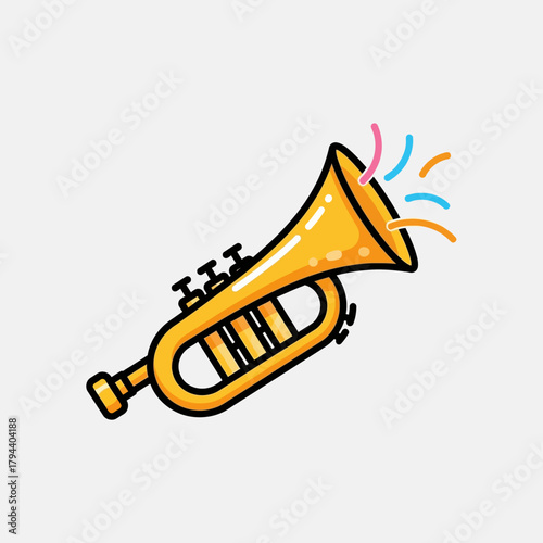 Colorful vector graphic of a shiny golden trumpet, a classical brass instrument producing a loud fanfare for celebration or a musical performance