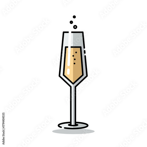 A minimalist line art icon of a champagne flute filled with a sparkling golden beverage, symbolizing celebration, luxury, and festive occasions