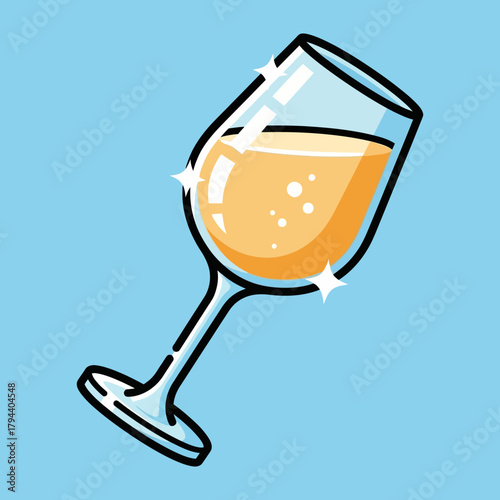 A charming cartoon illustration of a tilted wine glass filled with sparkling white wine against a blue background, perfect for celebrations