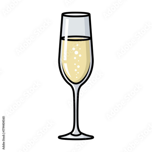 A beautifully drawn illustration of a classic champagne flute with fizzy bubbles, representing celebration, festivity, and sophisticated toasts for events