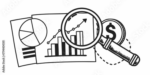 Illustration of business data analysis with graphs charts and a magnifying glass and a dollar coin icon