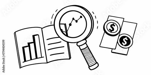 Illustration of financial analysis with magnifying glass over charts and dollar coins shown nearby