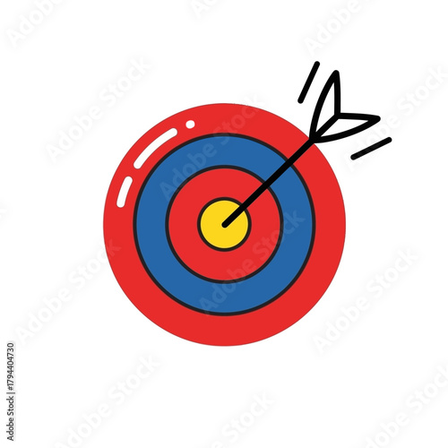 A simple vector illustration of an arrow hitting the bullseye, a colorful doodle symbolizing success, achieving goals, accurate marketing, and focused strategy