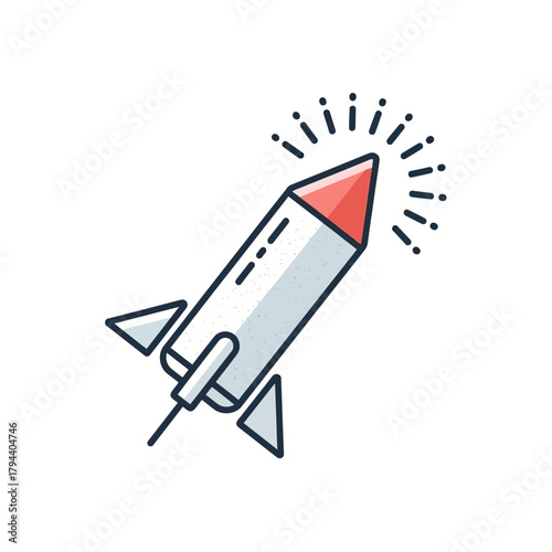 Modern line art illustration of a rocket ship taking off, an icon representing business startups, new ventures, project launches, and accelerated growth