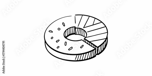 Hand drawn donut chart with a missing slice and toppings in black and white illustration style art