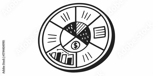 Hand drawn pie chart with dollar sign and bar graph in black and white doodle style illustration design