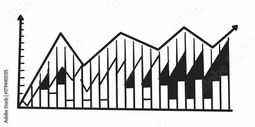 Illustration of a hand drawn line graph with an upward trending arrow and bar chart elements shown