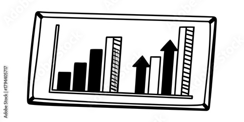 Illustration of a framed bar graph with upward trending arrows and striped bars on a white background