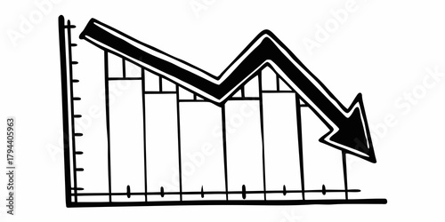 A downward trending bar graph with a bold arrow indicating a negative trend in black and white style
