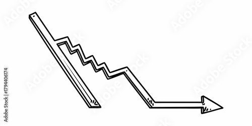 Hand drawn downward trend arrow with jagged line showing decrease in black and white illustration style