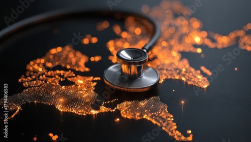 Global Healthcare: A stethoscope rests upon a glowing, stylized world map, symbolizing the vital role of worldwide healthcare.