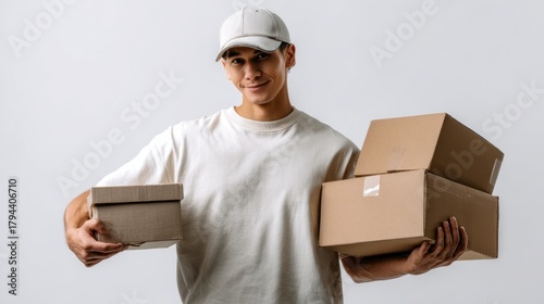 Fototapeta Naklejka Na Ścianę i Meble -  A friendly courier stands ready to deliver packages, holding a mix of small and large boxes. The setting features a simple background, emphasizing the hustle of delivery work