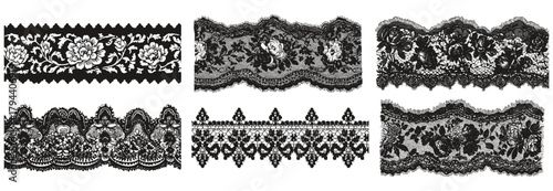 Lace pattern border vector set. Floral embroidery trim with detailed flower design, ornate texture. Elegant vintage ribbon illustration. Delicate botanical element for wedding, scrapbooking, collages.