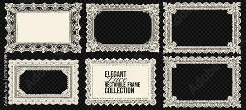 Floral lace embroidery border vector set. Beige trim pattern frame with jacquard scallop texture, natural ornamental detailing. Rectangle lace template for wedding decor.