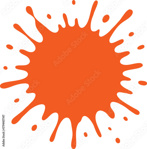 A vibrant orange paint splatter with irregular edges and small droplets scattered around the main shape.