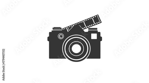Creative Photography and Videography Camera Icon with Film Strip. Filmmaking and Media Production Symbol Graphic.